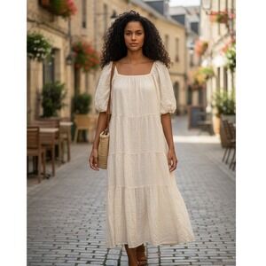 MNG Mango Tiered Midi Dress Size 4 Cream Puff Sleeve Square Neck Windowpane Boho